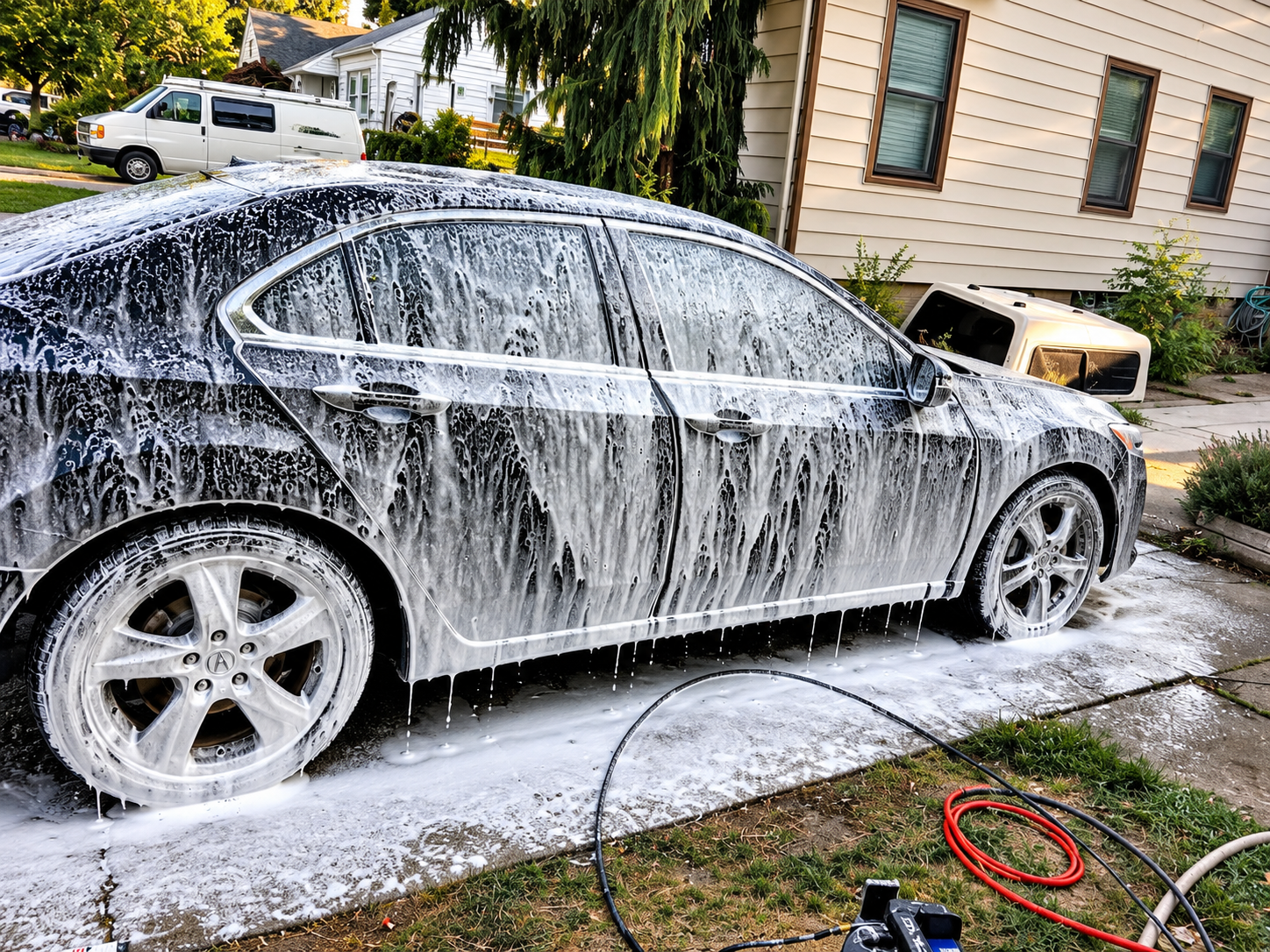 Black Acura covered in thick foam during a mobile detail