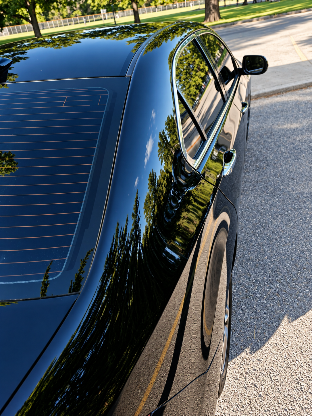 Close-up of glossy black Acura paint reflecting surrounding trees after paint correction